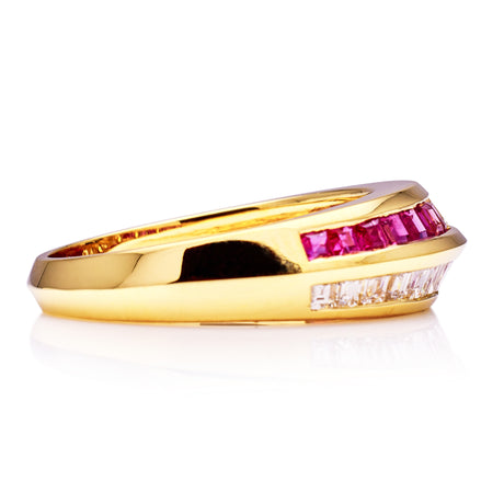 Ruby & diamond half eternity ring, 18ct yellow gold