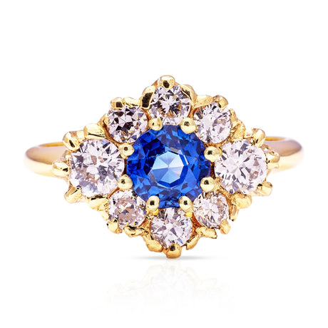 Vintage, Sapphire and Diamond Cluster Engagement Ring, 14ct Yellow Gold front view