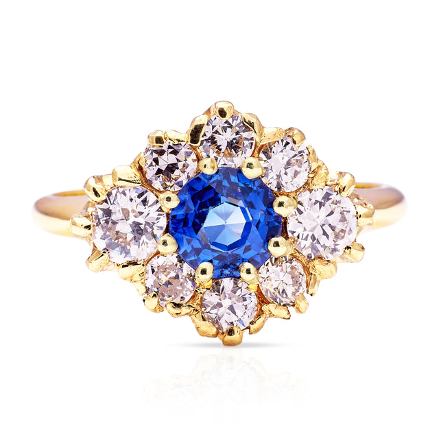 Vintage, Sapphire and Diamond Cluster Engagement Ring, 14ct Yellow Gold front view