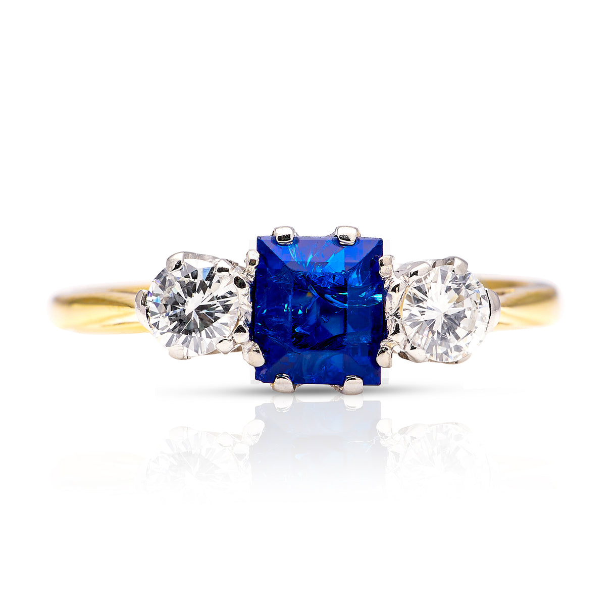 Antique, Edwardian sapphire and diamond three-stone engagement ring, 18ct yellow gold and platinum