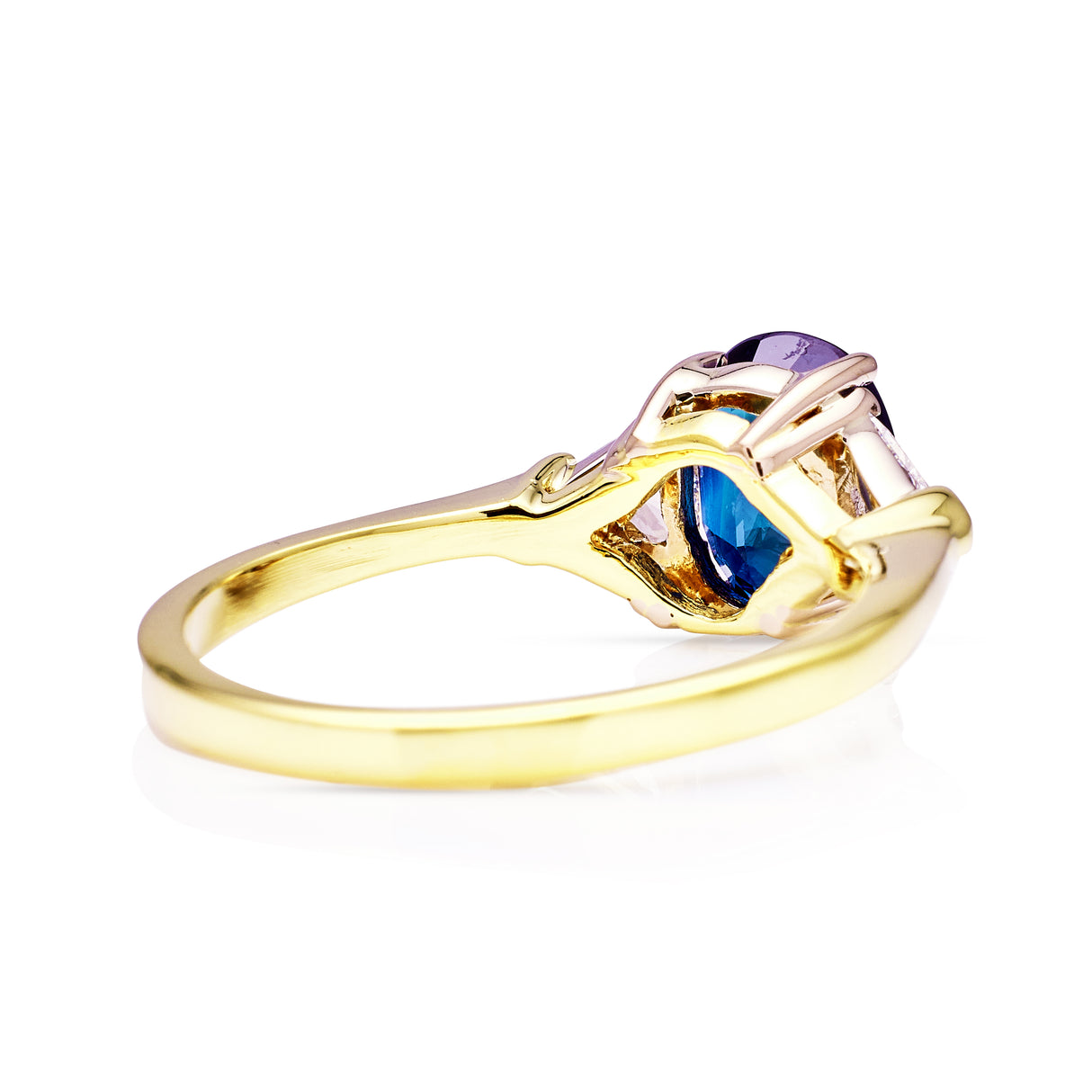 Vintage, Sapphire and Diamond Three-Stone Engagement Ring, 18ct Yellow and White Gold rear view
