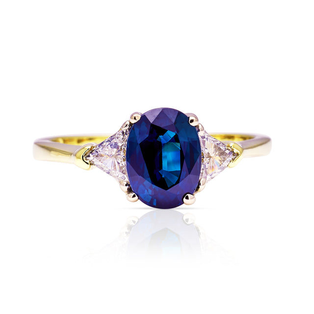 Vintage, Sapphire and Diamond Three-Stone Engagement Ring, 18ct Yellow and White Gold front view
