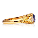 Vintage sapphire and pearl ring, side view. 