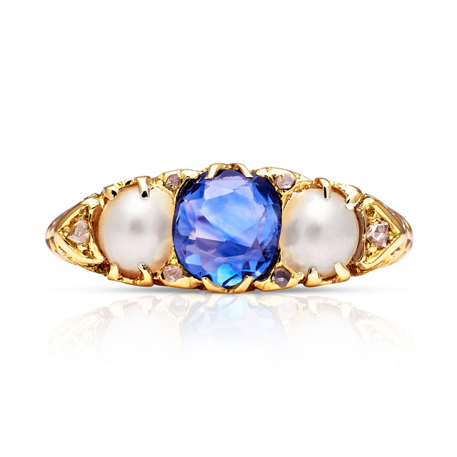 Vintage sapphire and pearl ring, front view. 