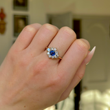 Vintage, Sapphire and Diamond Cluster Engagement Ring, 14ct Yellow Gold worn on closed hand 
