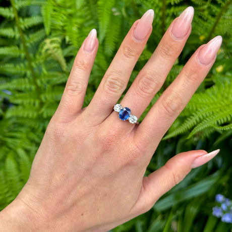 Vintage, Sapphire and Diamond Three-Stone Ring, Platinum worn on hand.