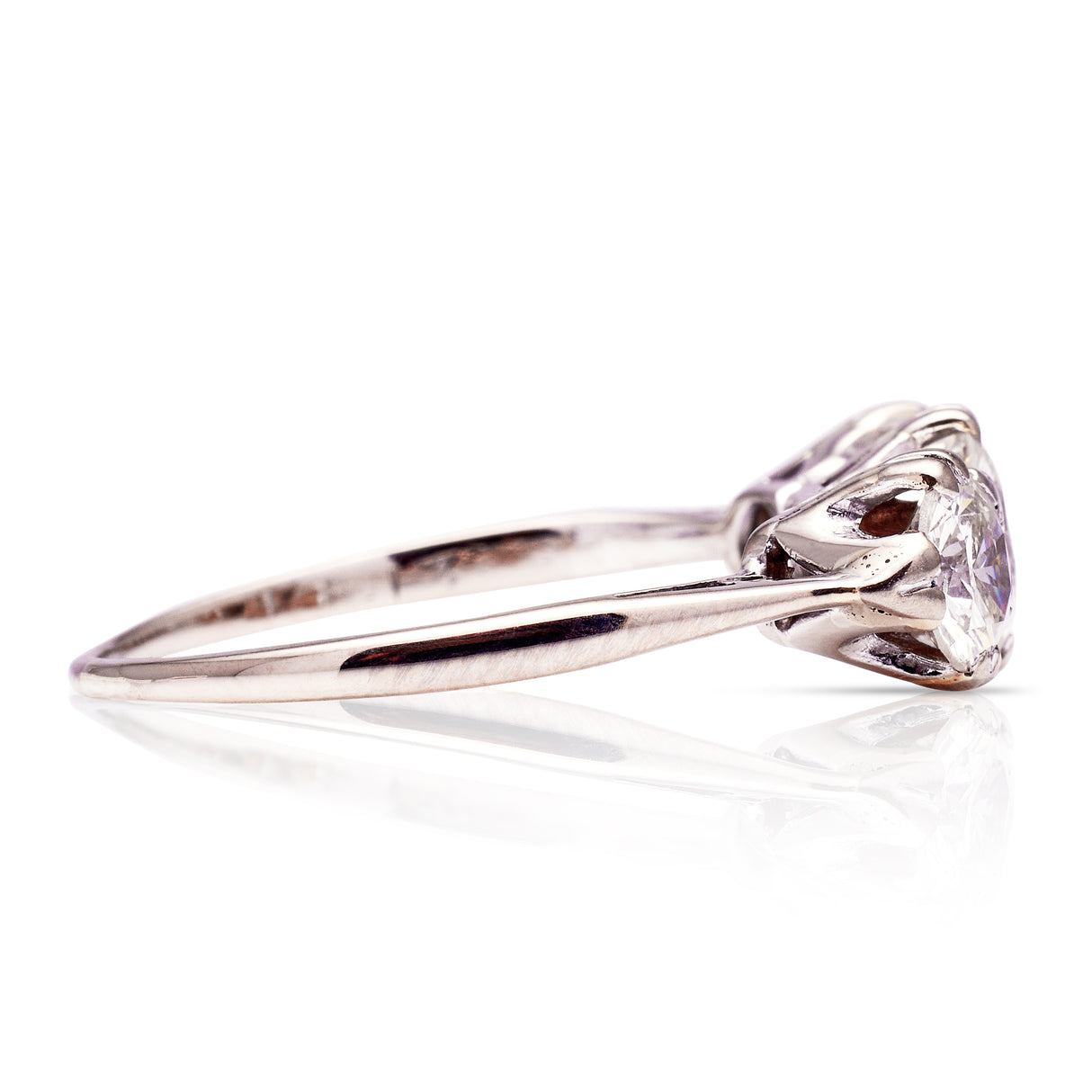 Vintage, Three Stone Diamond Engagement Ring, 18ct White Gold. Side.