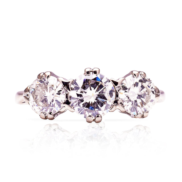 Vintage, Three Stone Diamond Engagement Ring, 18ct White Gold. Front.