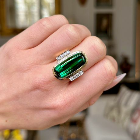 Vintage, Tourmaline and Diamond Cocktail Ring, worn on closed hand.