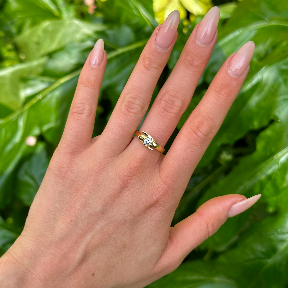 Vintage, Unique 1970s Diamond Engagement Ring, 18ct Yellow Gold worn on hand.
