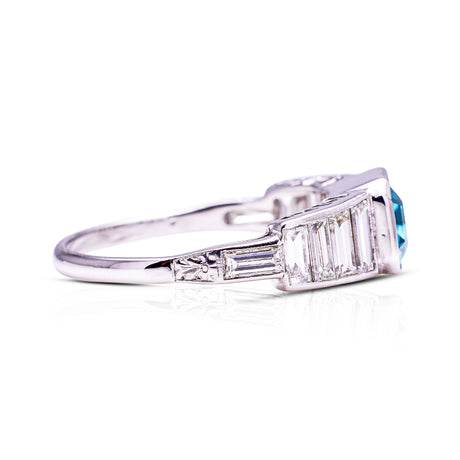Vintage zircon and diamond ring, side view. 