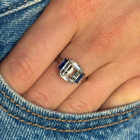 Art Deco, White Sapphire and Blue Sapphire Three Stone Ring, Platinum