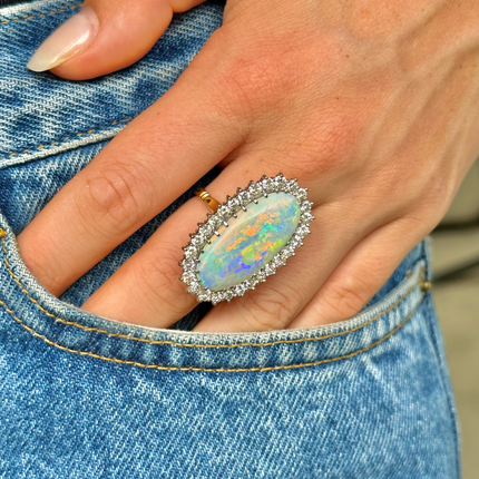 Extra Large Australian Opal and Diamond Cluster Ring, 18ct Yellow Gold