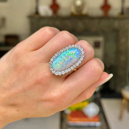 Extra Large Australian Opal and Diamond Cluster Ring, 18ct Yellow Gold