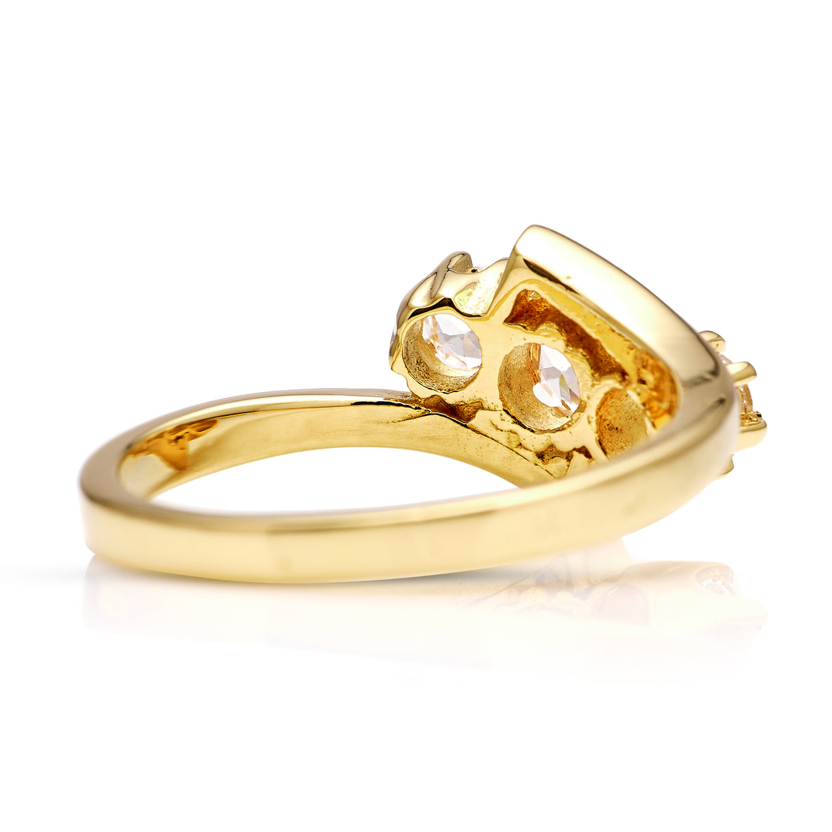 Vintage, 1967 three-stone white sapphire engagement ring, 18ct yellow gold