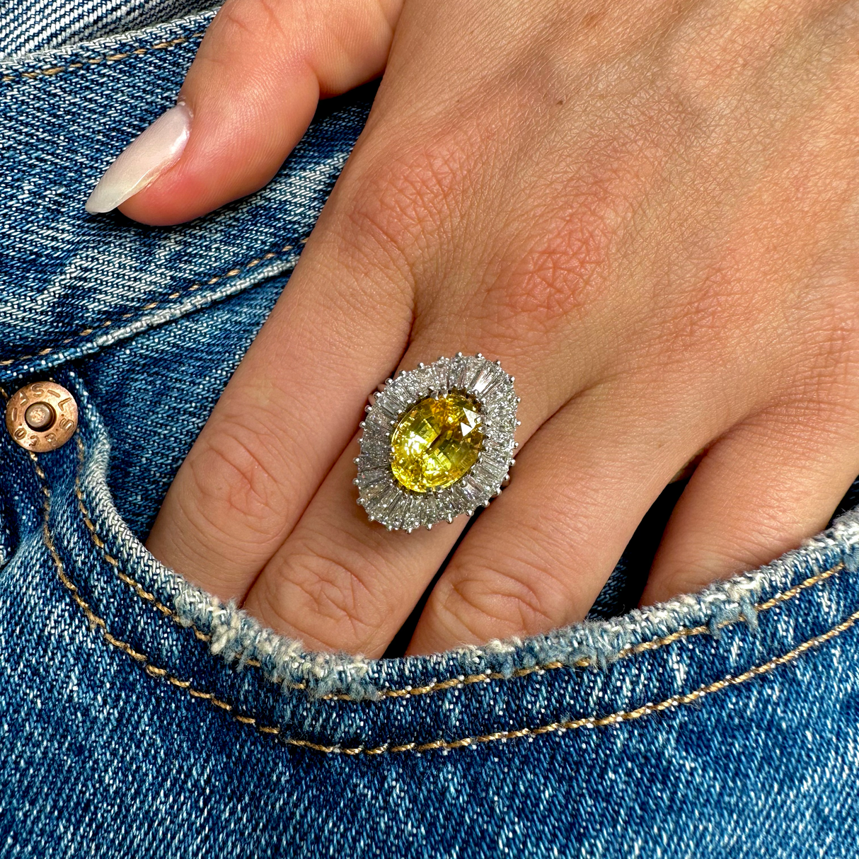 French, 1950s, yellow sapphire & diamond ballerina cluster ring