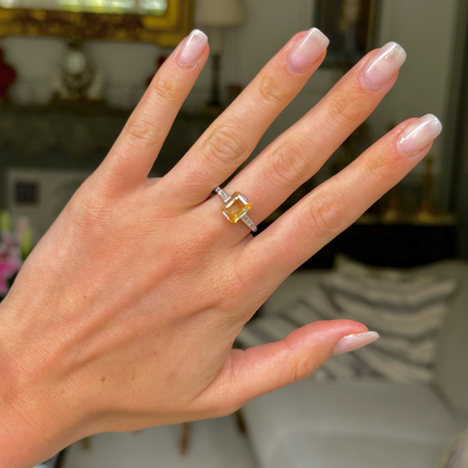 Edwardian, Yellow-Peach Sapphire and Baguette Diamond Engagement Ring, Platinum