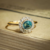 Antique 1920s zircon and diamond cluster ring with round blue zircon and diamond halo