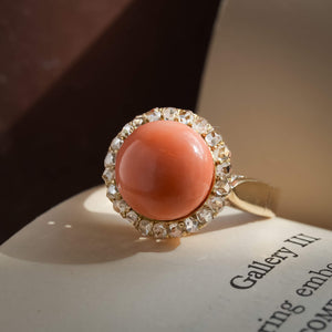 Antique angel skin coral cabochon with rose cut diamond cluster ring