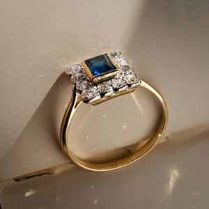 antique art deco sapphire diamond cluster ring with yellow gold band