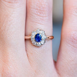 Antique Belle Époque sapphire and diamond cluster ring with vivid blue sapphire centre stone.