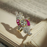 Antique Art Nouveau diamond and ruby cocktail ring with central diamond and ruby details