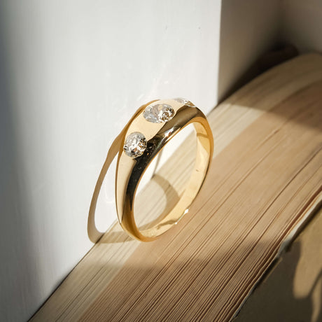 antique edwardian old cut diamond three stone gypsy ring in yellow gold