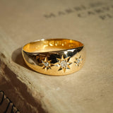 Antique Edwardian three stone diamond gypsy ring in yellow gold