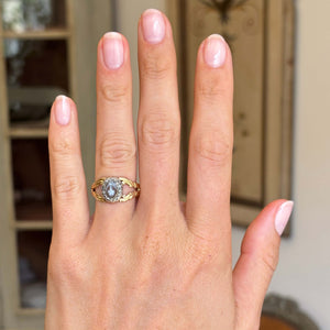 Antique Georgian forget-me-not cameo cluster ring featuring a carved forget-me-not cameo in a cluster design, displayed on a hand.