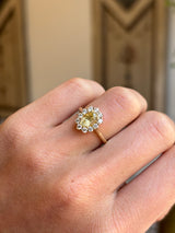 Antique-inspired yellow sapphire and diamond cluster engagement ring featuring an oval yellow sapphire encircled by brilliant-cut diamonds, worn on a hand.
