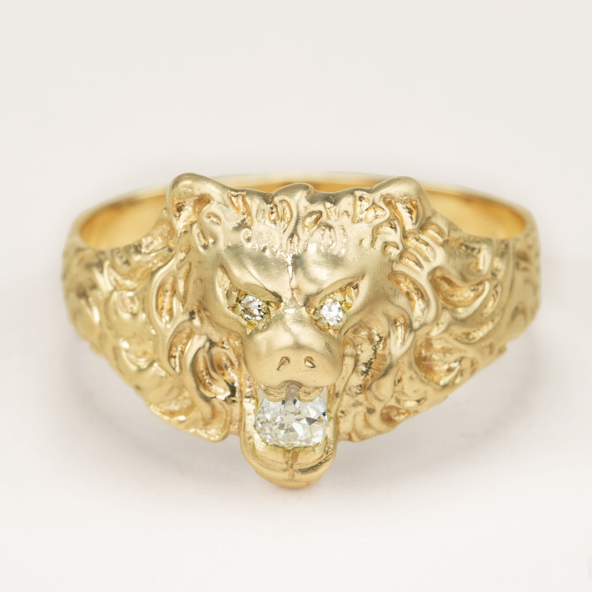 Vintage 1950s old-cut diamond lion’s head ring with diamond-set eyes