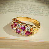 Antique ruby and diamond checkerboard cluster ring in yellow gold