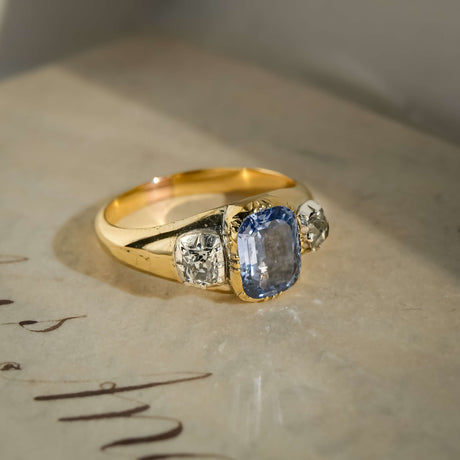 antique sapphire diamond three stone ring with georgian style in yellow gold