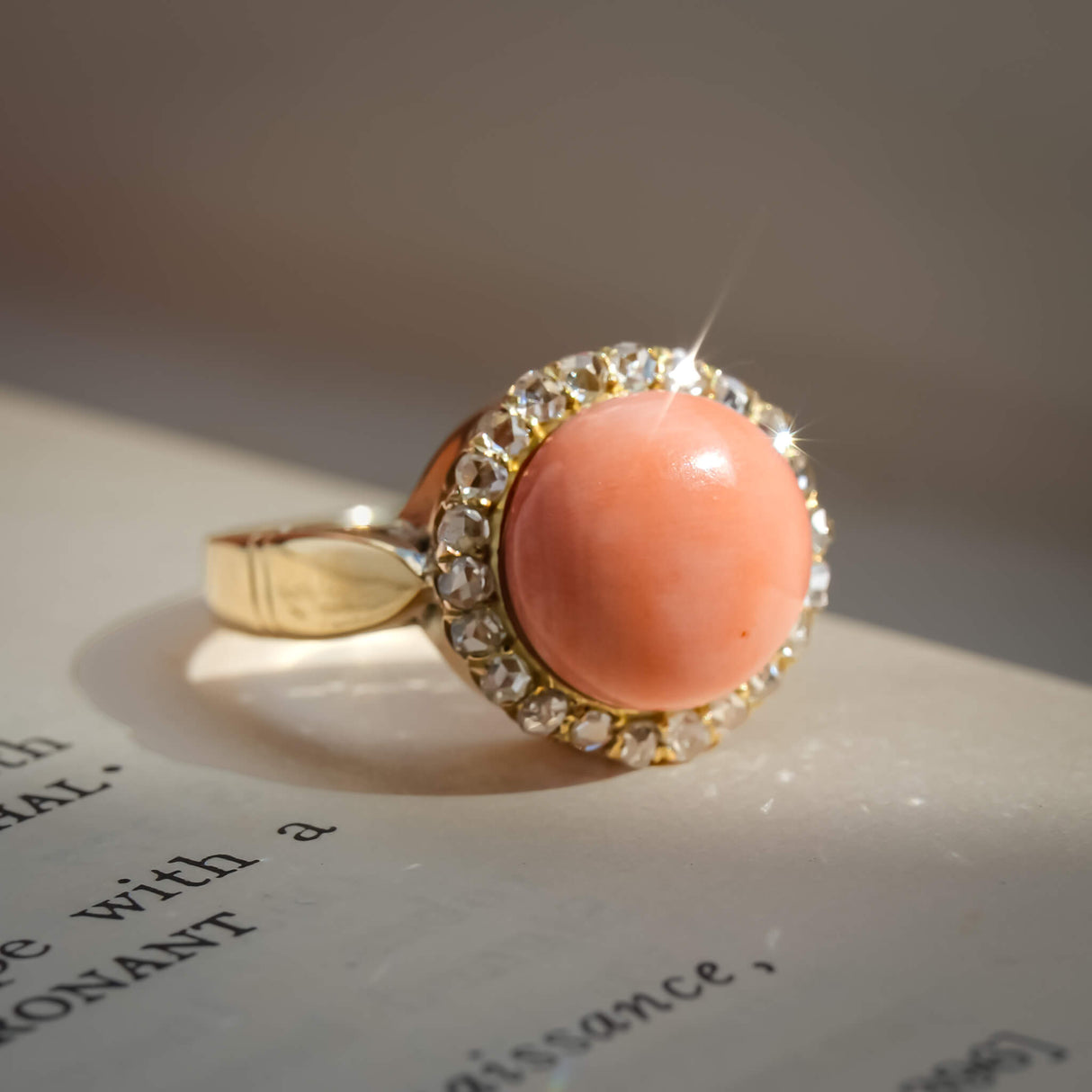 Antique Victorian angel skin coral and rose cut diamond cluster ring in gold