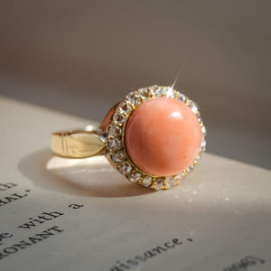 Antique Victorian angel skin coral and rose cut diamond cluster ring in gold