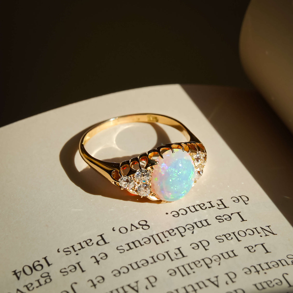 antique victorian cabochon opal and diamond ring in yellow gold