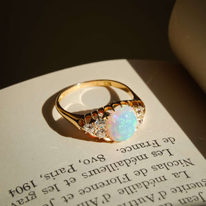 antique victorian cabochon opal and diamond ring in yellow gold