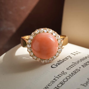 Antique Victorian angel skin coral ring with diamond cluster setting