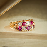 Antique Victorian ruby and diamond checkerboard ring with gold setting