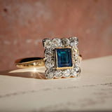 art deco square sapphire diamond cluster ring with halo setting