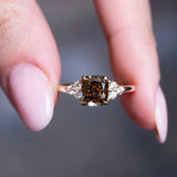 Chocolate brown diamond cluster tre-foil engagement ring with cushion-cut brown diamond centre stone.