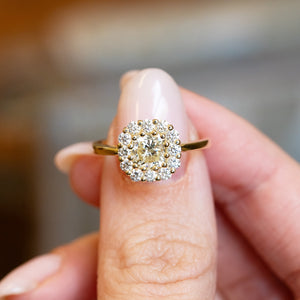 Diamond cluster engagement ring held between fingers with round brilliant diamond halo setting.