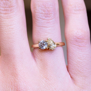 Antique inspired, coloured diamond Toi et Moi engagement ring