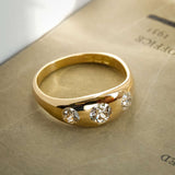 edwardian old cut diamond gypsy three stone ring with antique design in yellow gold