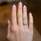 Hand wearing a three stone diamond ring with a blurred background.