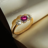 Edwardian ruby and diamond three stone ring in yellow gold band