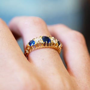 Edwardian sapphire five stone ring detail highlighting setting and diamond arrangement.