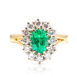 Vintage, emerald and diamond cluster ring, 18ct yellow gold & platinum