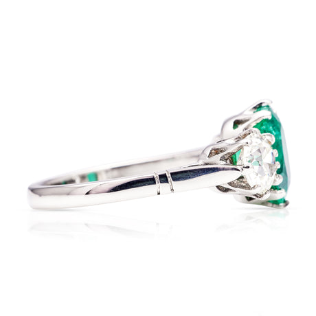 Vintage,  emerald and diamond three-stone ring, platinum