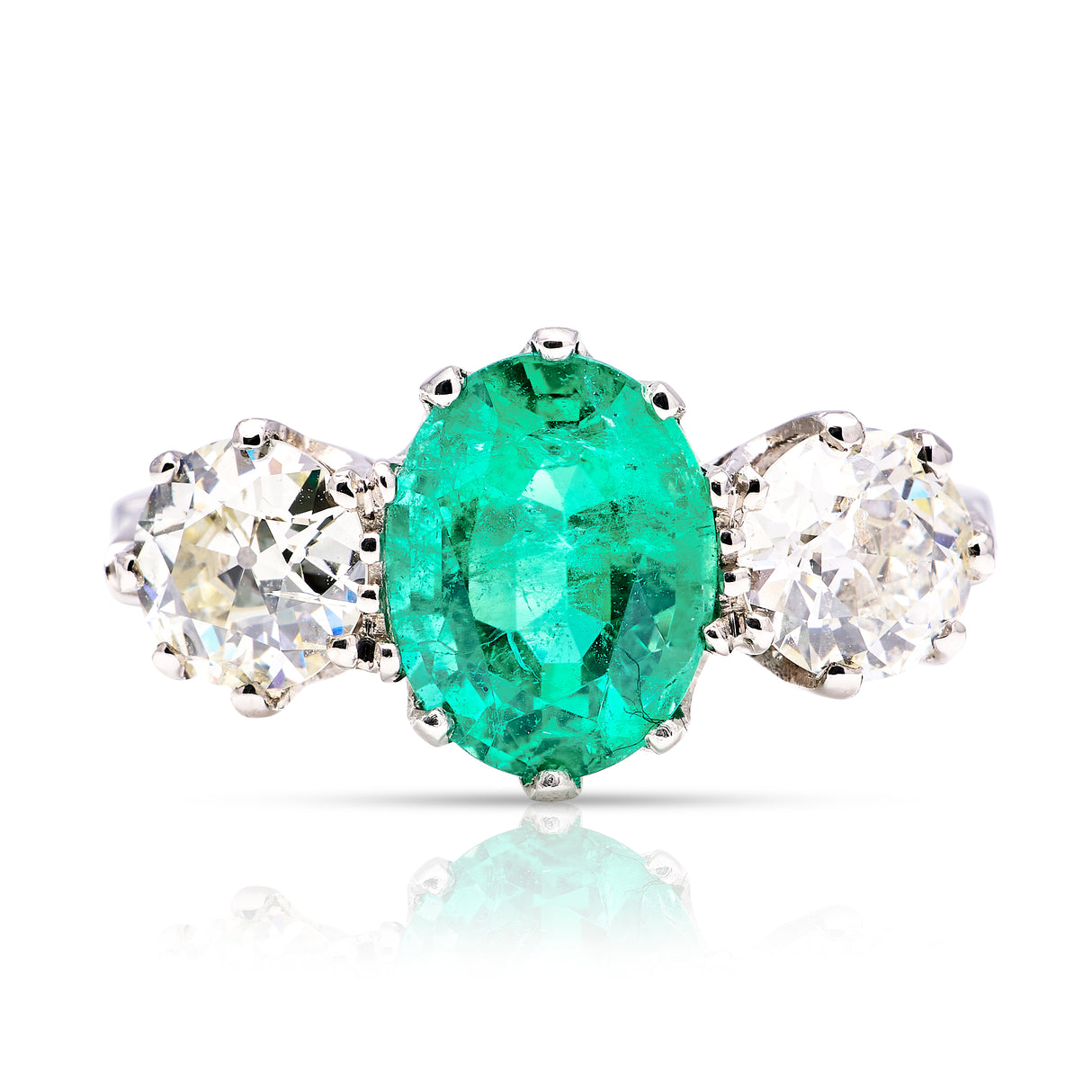 Vintage,  emerald and diamond three-stone ring, platinum